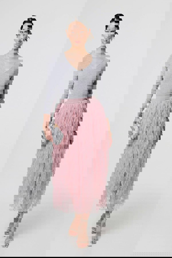 Pink | Ruffled High Waist Semi Sheer Midi Skirt
