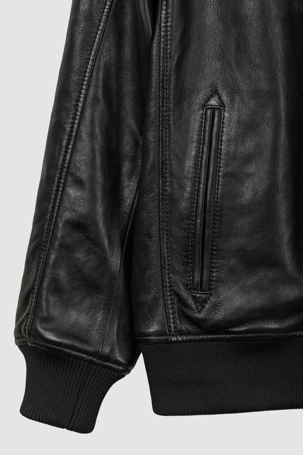 Mens Detachable Borg Collar Black Genuine Leather Jacket
