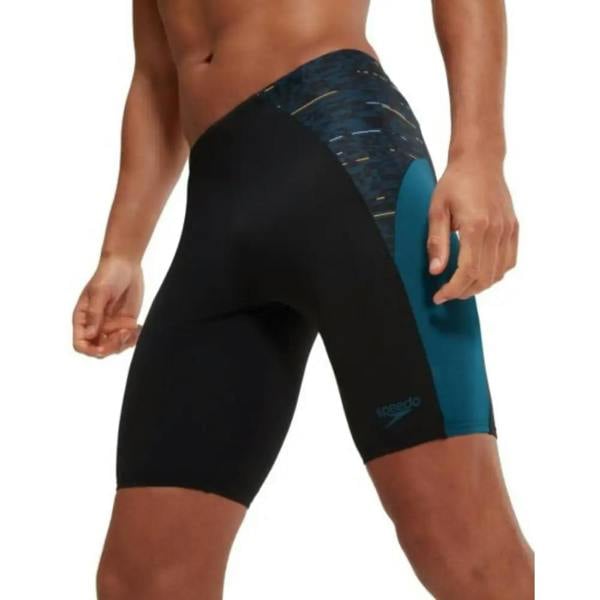 Black and teal Speedo Endurance+ Max Splice swim jammer with geometric pattern