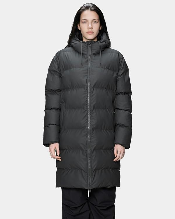 Rains Alta Long Unisex Puffer Jacket - 153 Dark Grey | CHO | Designer Unisex Padded Jackets