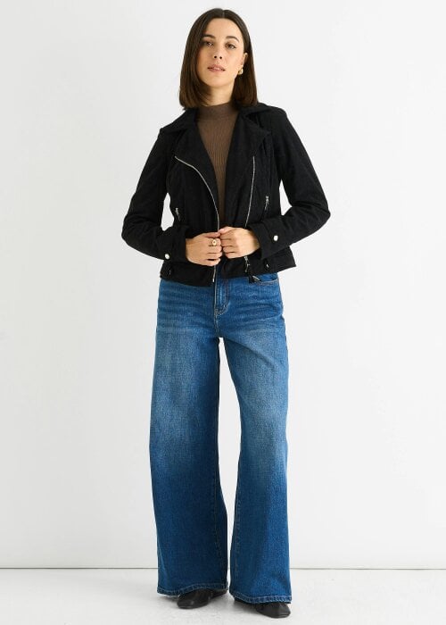 Gini London Black Corduroy Biker Zip Up Jacket