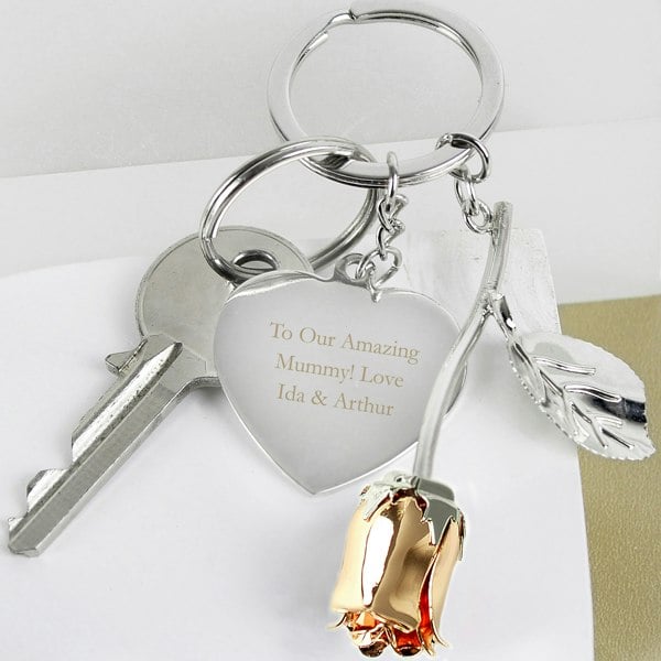 Personalised Memento Company Personalised Silver Plated Rose Gold Rose Keyring