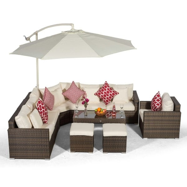 Giardino Santorini L Shape Modular 6 Seat Rattan Corner Sofa Set With Armchair, Coffee Table & 2 Stools