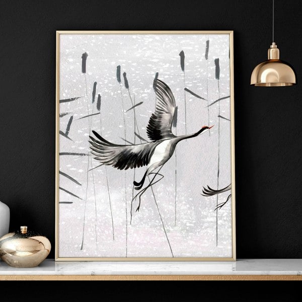 Cranes Japanese Art for home office | Set of 2 wall art prints