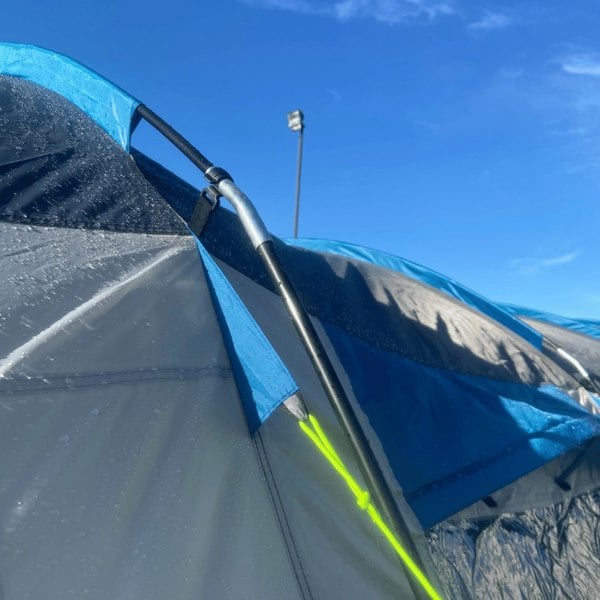 A pole in the sleeve & a guy rope attachment point on a Cocoon poled V2 Campervan Awning by OLPRO