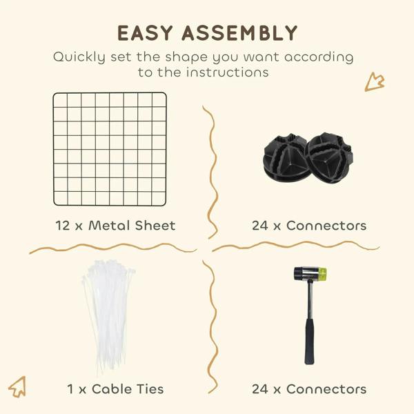 Black metal wire playpen assembly kit illustration with metal sheets and connectors