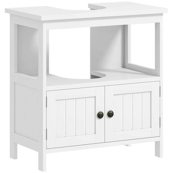 White under-sink pedestal cabinet with double doors, lower drawers, and open shelves