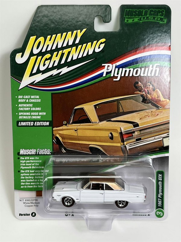 Johnny Lightning 1967 Plymouth GTX White Medium Copper Poly 1:64 Scale JLMC030A