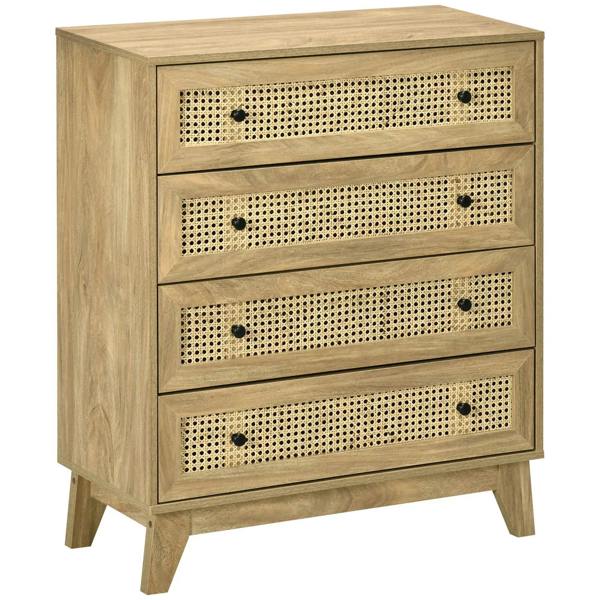 Wood-effect storage cabinet with four rattan-front drawers and black knobs