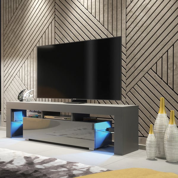 Mex Furniture 160cm TV Unit – Modern TV Stand Cabinet with Grey High Gloss Doors and Free LED
