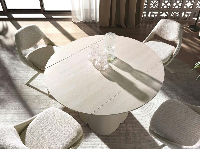 Angel Cerdá Extendable round dining table in porcelain marble and sand-coloured steel 1195