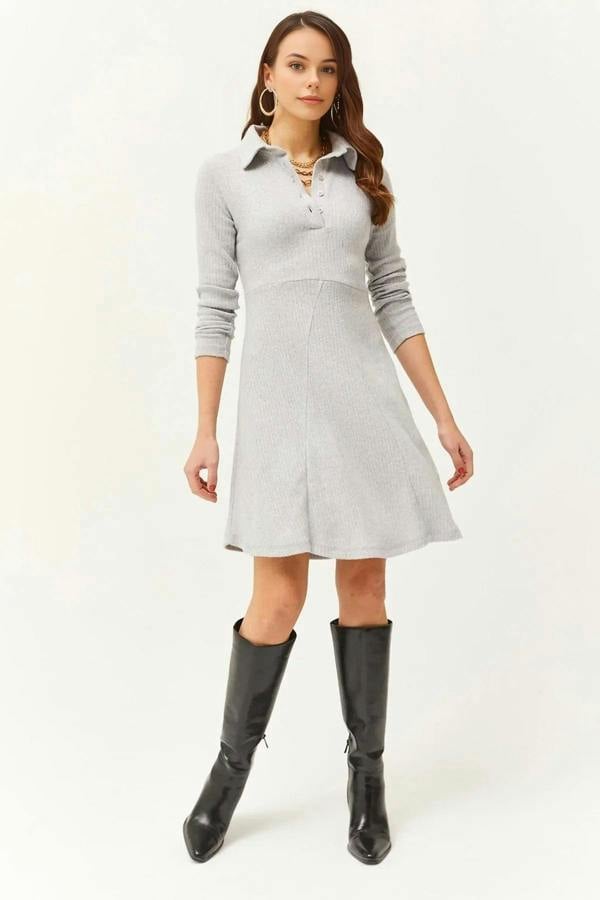 Hoxton Gal Polo Collar Buttoned Mini Flared Dress
