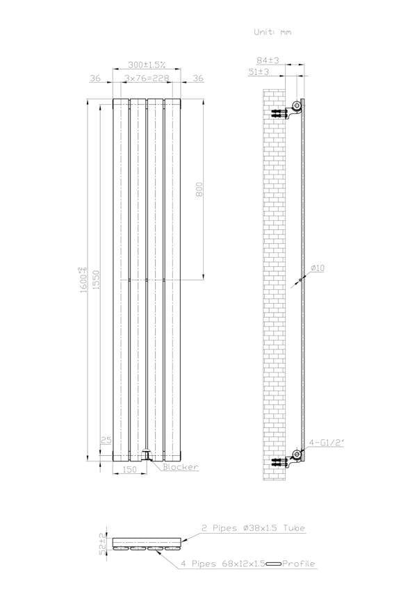 MYHOMEWARE Anthracite Gray 300 x 1600 mm Modern Vertical Flat Panel Designer Radiator Single Panel Radiator Heater