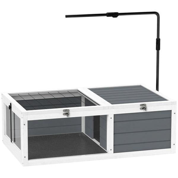 Light grey tortoise table with adjustable lamp holder, open top and pull-out tray drawer