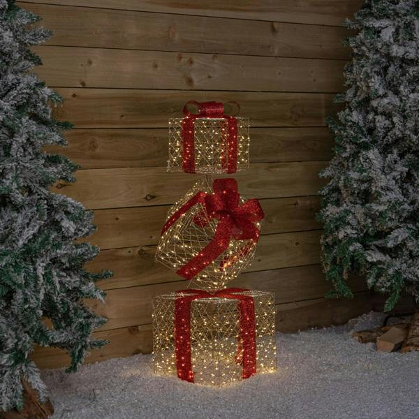 Samuel Alexander 96cm Gold Light Up Christmas Parcel Stack with 500 Warm White LEDs & Timer