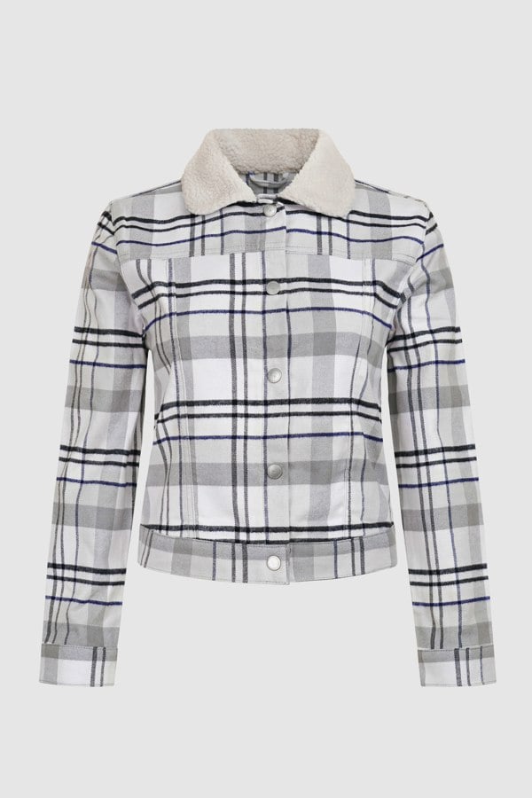 ENORSIA White Plaid Check Borg Collar Shacket