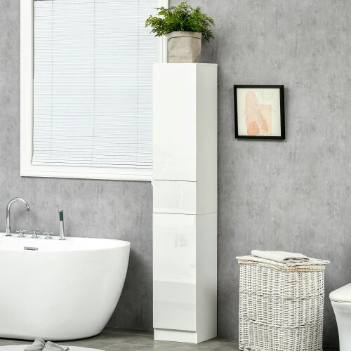 Wyld Haus Elluno High Gloss White Tall Bathroom Storage Cabinet With Push To OFauxn Door