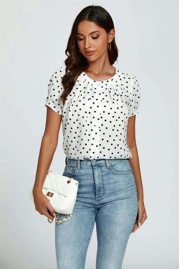 FS Collection Dot Print Short Sleeves Top In White