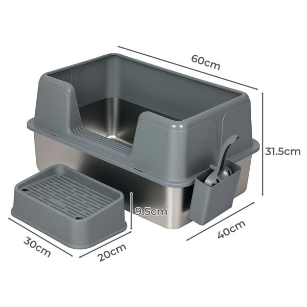 Skylos Stainless Steel Cat Litter Box High Sided Litter Tray with Scoop Pedal