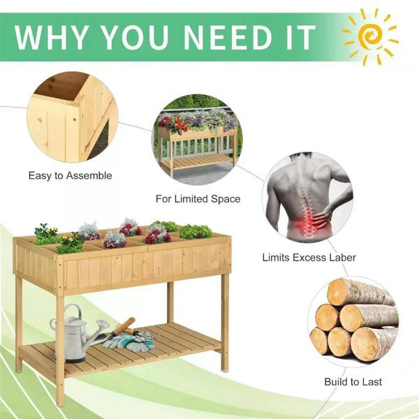 Raised wooden 8-compartment planter stand with slatted shelf, oak tone