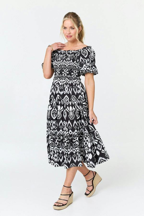 Black | Abstract Bardot Puff Sleeve Midi Dress