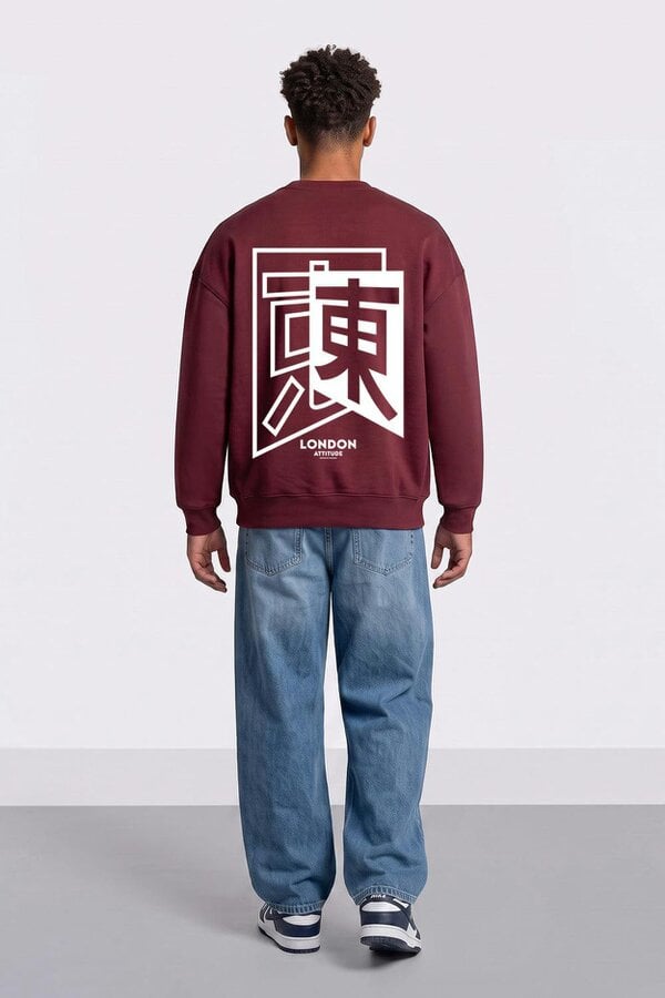 London Attitude Relaxed Fit Japanese Inspired Graphic Sweatshirt - Burgundy