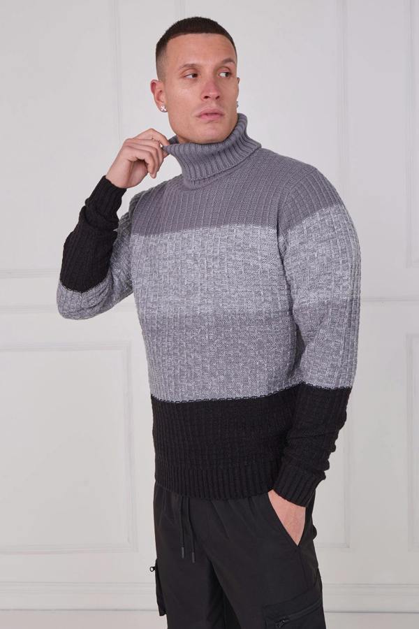 Men's Textured Roll Neck Jumper - Grey
