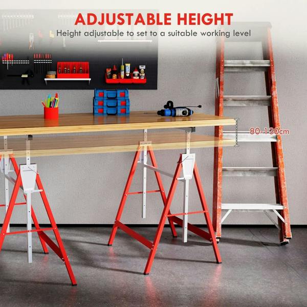 Adjustable red and gray sawhorse set with telescoping height for supporting a workbench