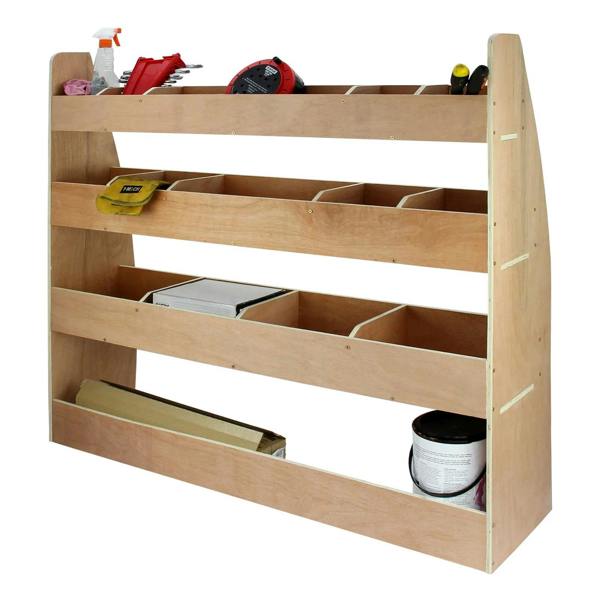 Monster Racking Caddy Transporter Van Rack in natural wood finish with multiple compartments for tools and supplies, featuring a sturdy design