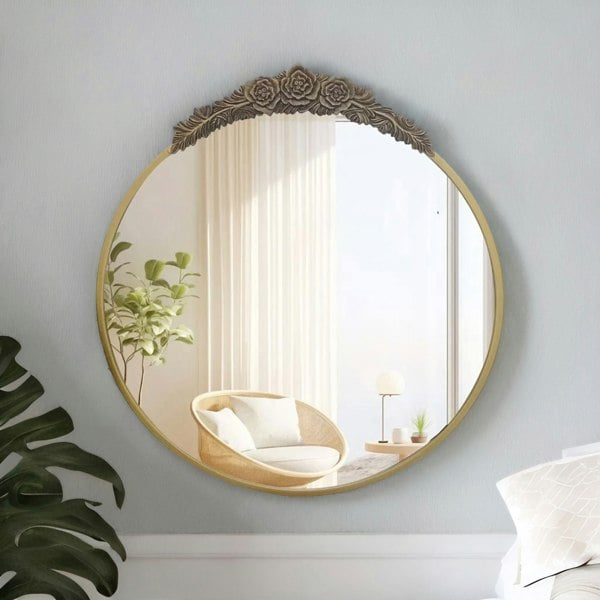 Rafaelo Mobilia 80CM Round Embossed Retro Wall Mirror Gold