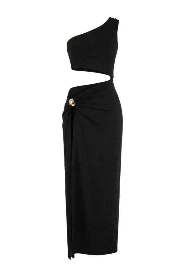 WOVCOR Knitted Maxi Draped One-Shoulder Beach Dress with Accessories