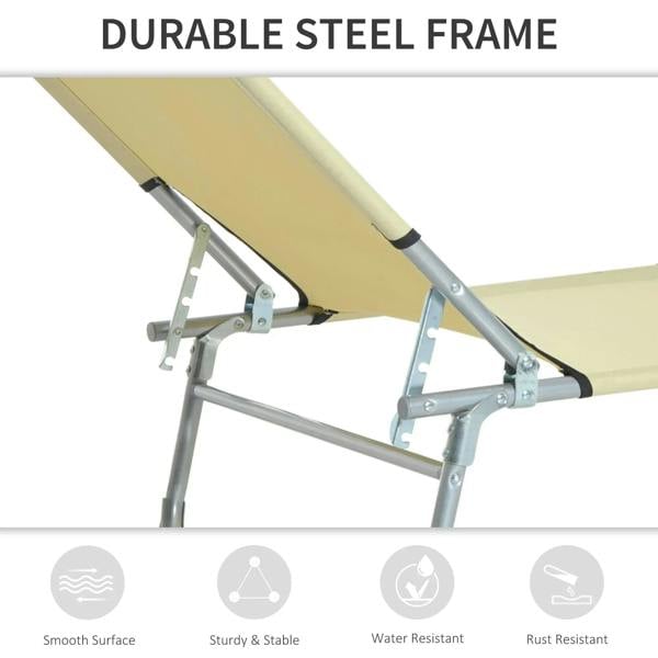 Beige sun lounger chair with durable steel frame and folding support bars