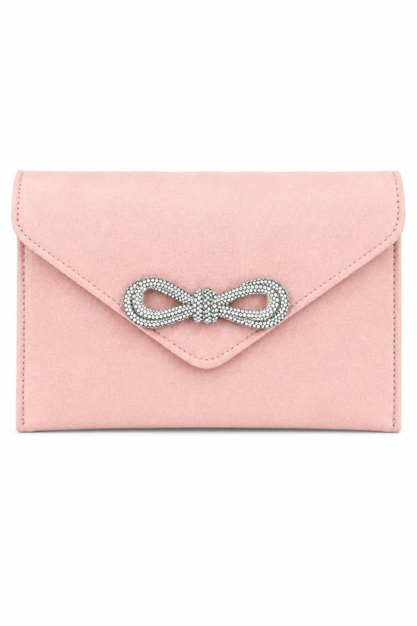 Love Lemonade Crystal Bow Embellished Faux Suede Clutch Bag Baby Pink