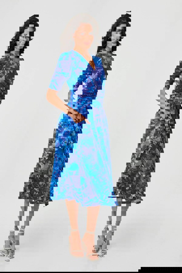 Blue | Printed 1/2 Sleeve Wrap Midi Dress
