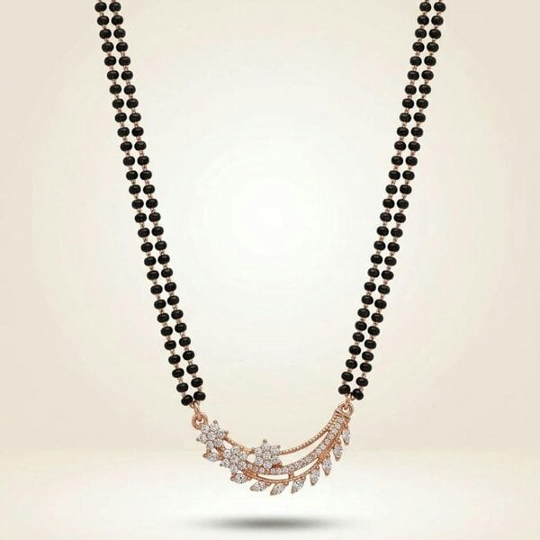 The Colourful Aura Rose Gold Plated Double Strand CZ Crystal Leaf Floral Mangalsutra Black Bead Necklace 18 Inch