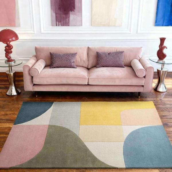Ted Baker Wool Multicolour Rug, underfloor heating, thick pile, abstract geometry design, hand-crafted rug.
