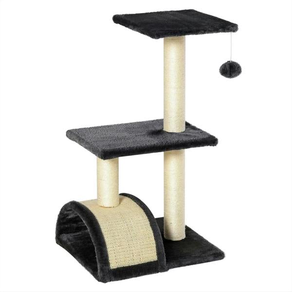 Black 3-tier cat tree with sisal posts, dark platforms, and hanging ball