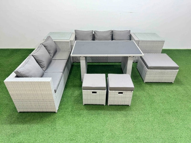 Fimous Rattan Garden Furniture Dining Set 9 seater Patio Rectangular Table Sofa Set with 2 Side Tables 3 Stools Light Grey