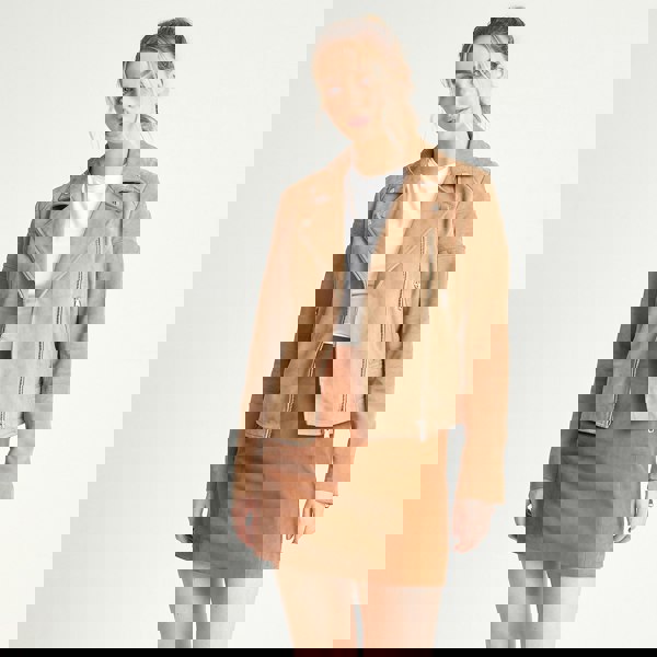 Image displays a model wearing the suede biker jacket unzipped.