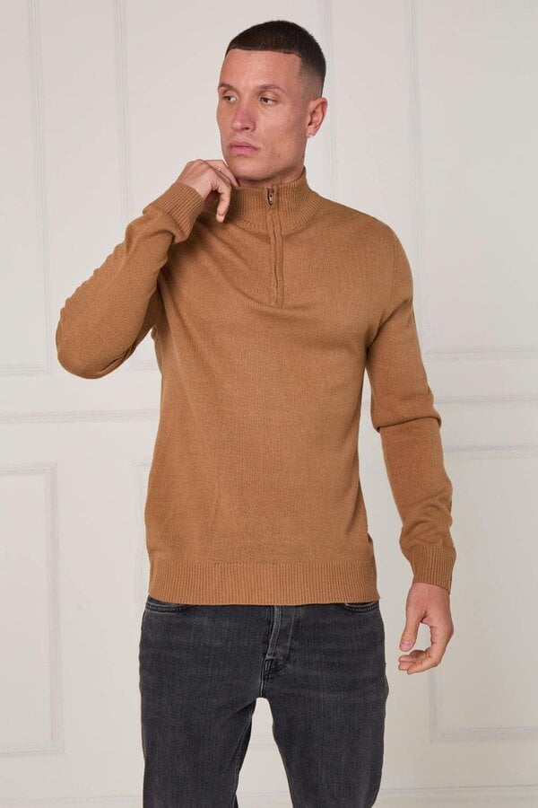 Half Zip Knit Jumper - Brown