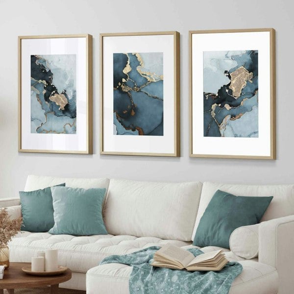 Set of 3 Abstract Teal Blue and Gold Framed Wall Art Prints | Artze Wall Art UK