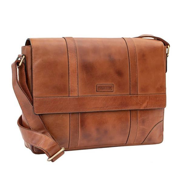 Brown Leather messenger laptop bag with magnetic fastener and front zipped pocket