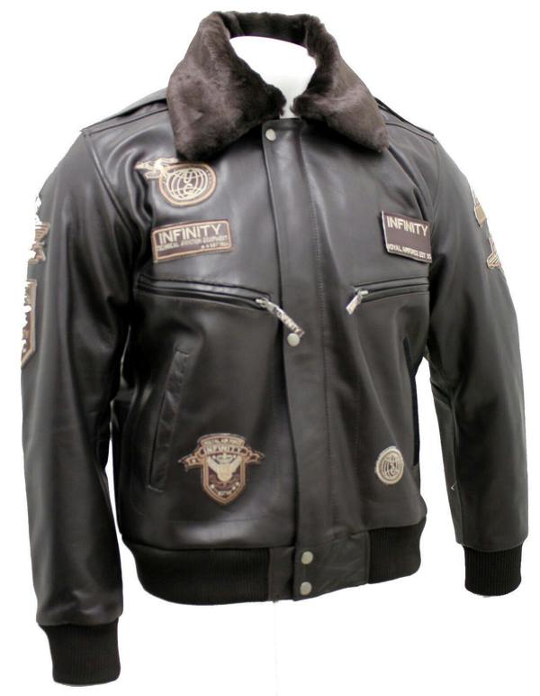 Infinity Leather Mens Cow Hide Detachable Collar Leather Flight Bomber Jacket