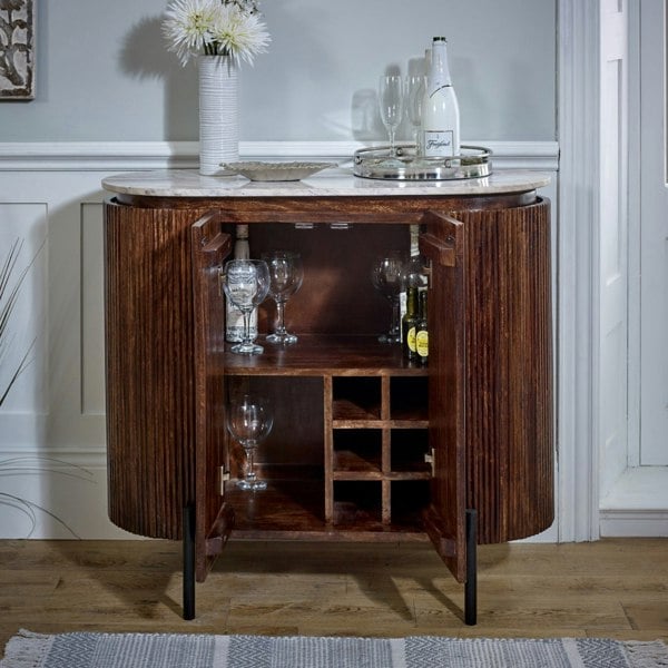 IH Design Miel Mango Wood Sideboard/Drinks Cabinet With Marble Top & Metal Legs