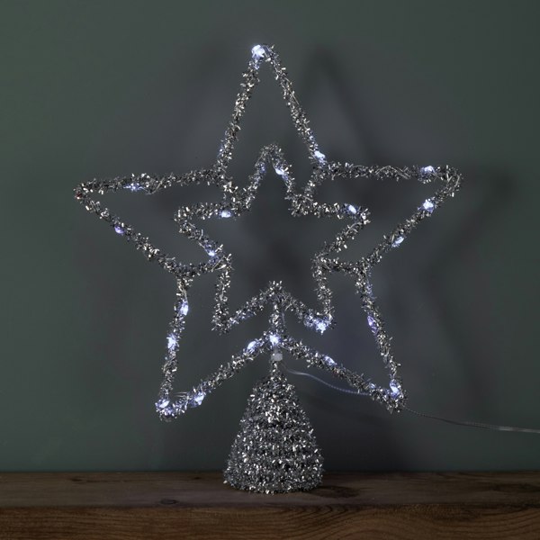 Samuel Alexander 28cm Battery Powered Silver Christmas Star Tree Topper with White Multi-Action LEDs