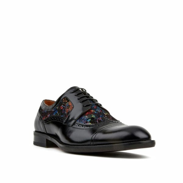 Embassy London Orlando - Black Flower - Men's toe cap dressy black shoe with flower print leather