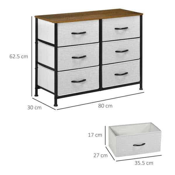 Grey fabric drawer storage cabinet with wooden top and black steel frame, 6 pull-out drawers