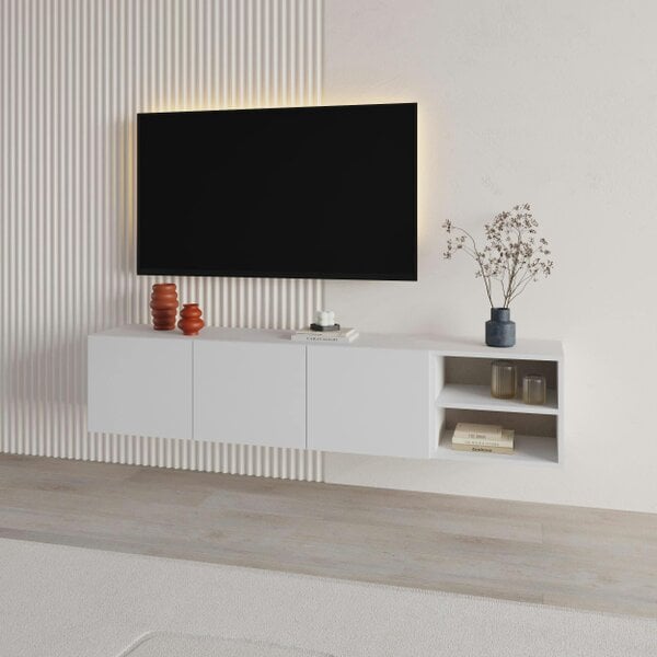 Decortie Conrad 180cm Floating TV Stand, Wall-Mounted Unit with 3 Soft-Close Doors & Open Shelves