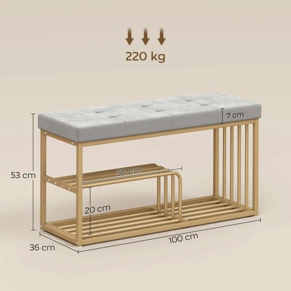 Bench and Shoe Storage, Tufted Shoe Storage Bench with Velvet Seat Cushion Gold Steel Frame for Entryway, Grey