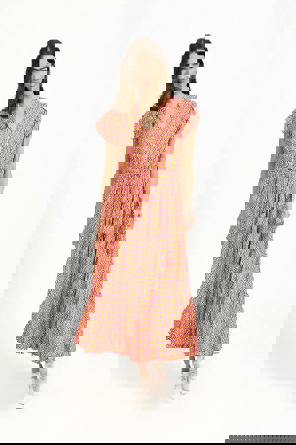 Mudflower Geometric Print Tie Front Midi Dress